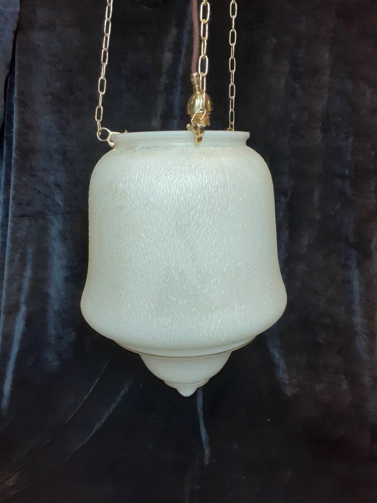 salvaged, vintage 1900, 1910s, 1920s 1930 1940s recycled demolition reproduction, restoration, home renovation secondhand, used , original,old,reclaimed,heritage,antique, victorian,art nouveau edwardian, georgian,art decoLarge ceiling light with milk glass shade , gravity chain set, total drop is 1350 mm , shadev is 320 mm diameter x 450 mm long , $ 345