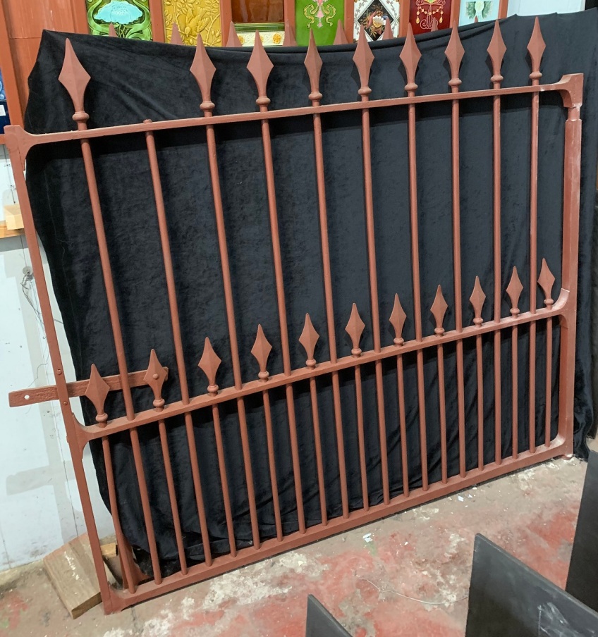 Pair of original cast iron Victorian gates , 3370 mm wide ( tight ) x 1570 mm tall to top of spear ( NB we are repairing the missing spear on one gate ) $2700 the pair