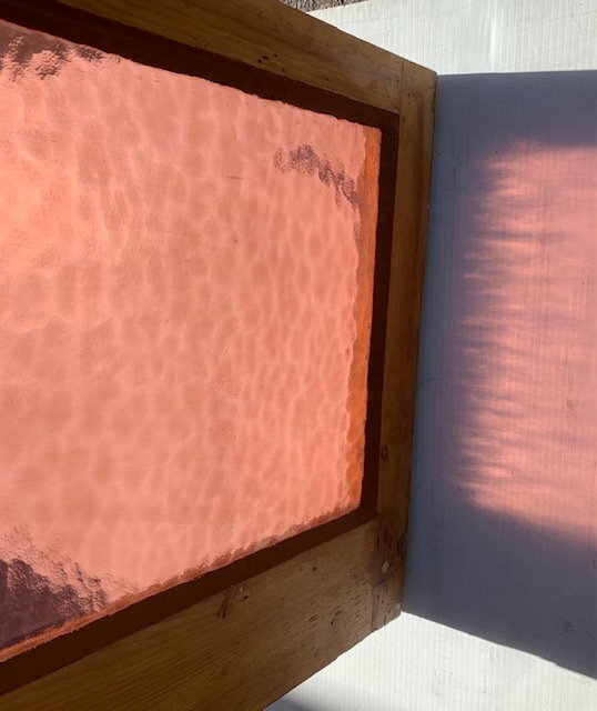 Detail of mauve pink ripple glass in timber fanlight / hopper window ...