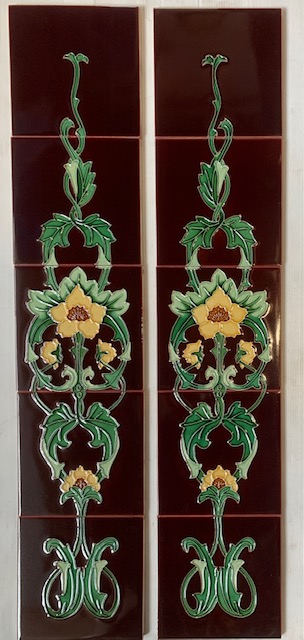 Continuous Art Nouveau style fireplace panels, deep burgundy with yellow flowers, curling green foliage. 2 panel set, $240 (OTB 218) fireplace washstand hearth salvaged vintage recycled, demolition, reproduction, restoration, home renovation secondhand, used , original, old, reclaimed, heritage, antique, victorian, art nouveau edwardian georgian art deco