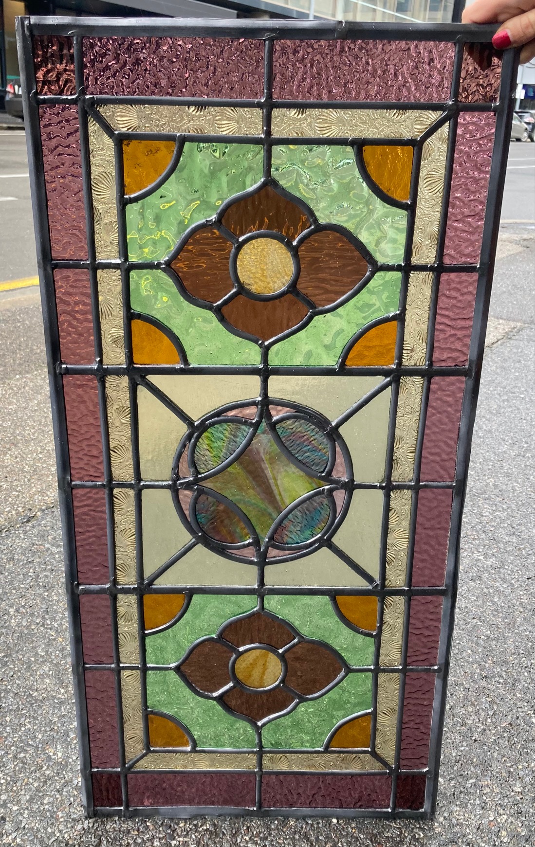 SOLD Richly coloured leadlight panel with floral design, 770 x 370 Fozi ...